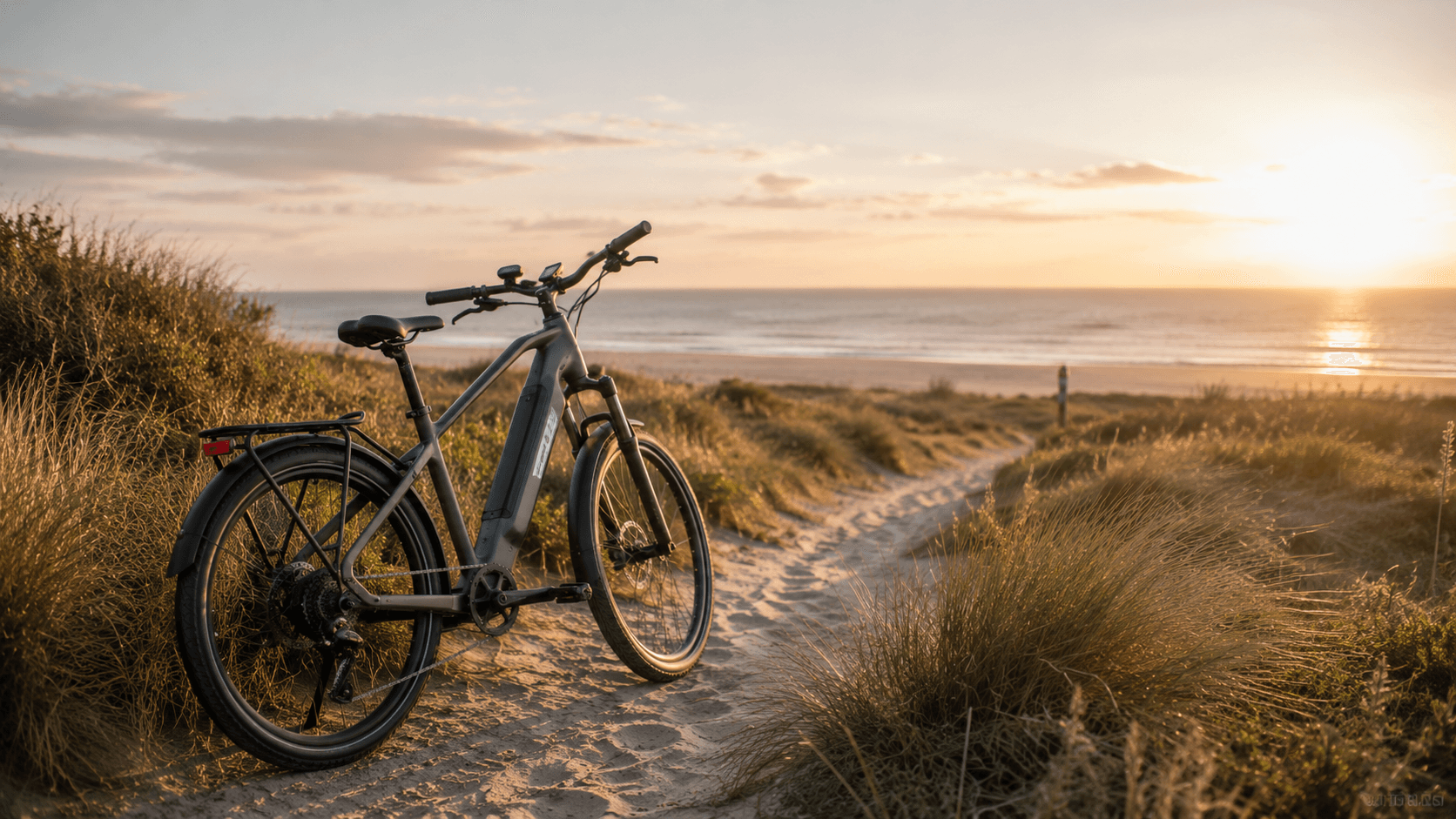 E-bike op duinpad bij zonsondergang in Wassenaar